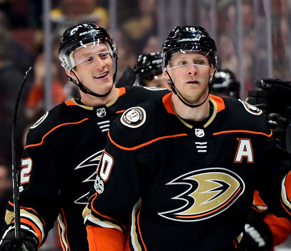 ANAHEIM, CA - NOVEMBER 15:  Josh Manson #42 of the Anaheim Ducks reacts to his goal behind Corey Perry #10, to take a 2-1 lead over the Boston Bruins during the second period at Honda Center on November 15, 2017 in Anaheim, California.  (Photo by Harry How/Getty Images)
