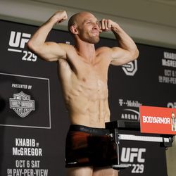 Ryan LaFlare poses after making weight at UFC 229 weigh-ins.
