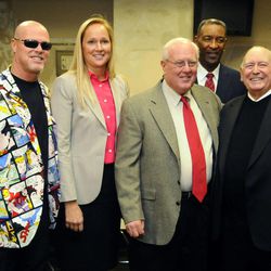 The newest members of the Utah Sports Hall of Fame (from left) Jim McMahon, Michele Lewis, Ron McBride, Marv Fleming and Billy Casper pose for a picture before the 2013 Utah Sports Hall of Fame Class banquet at the EnergySolutions Arena on Tuesday, Oct. 15, 2013. Casper, a prolific winner on the PGA Tour whose career was never fully appreciated in the era of the "Big Three," died Saturday, Feb. 7, 2015, at his home in Utah. He was 83. 