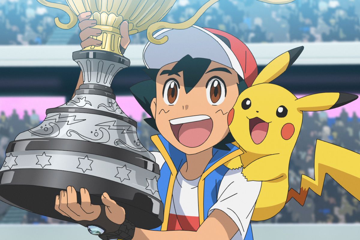 Ash and Pikachu, holding a trophy.