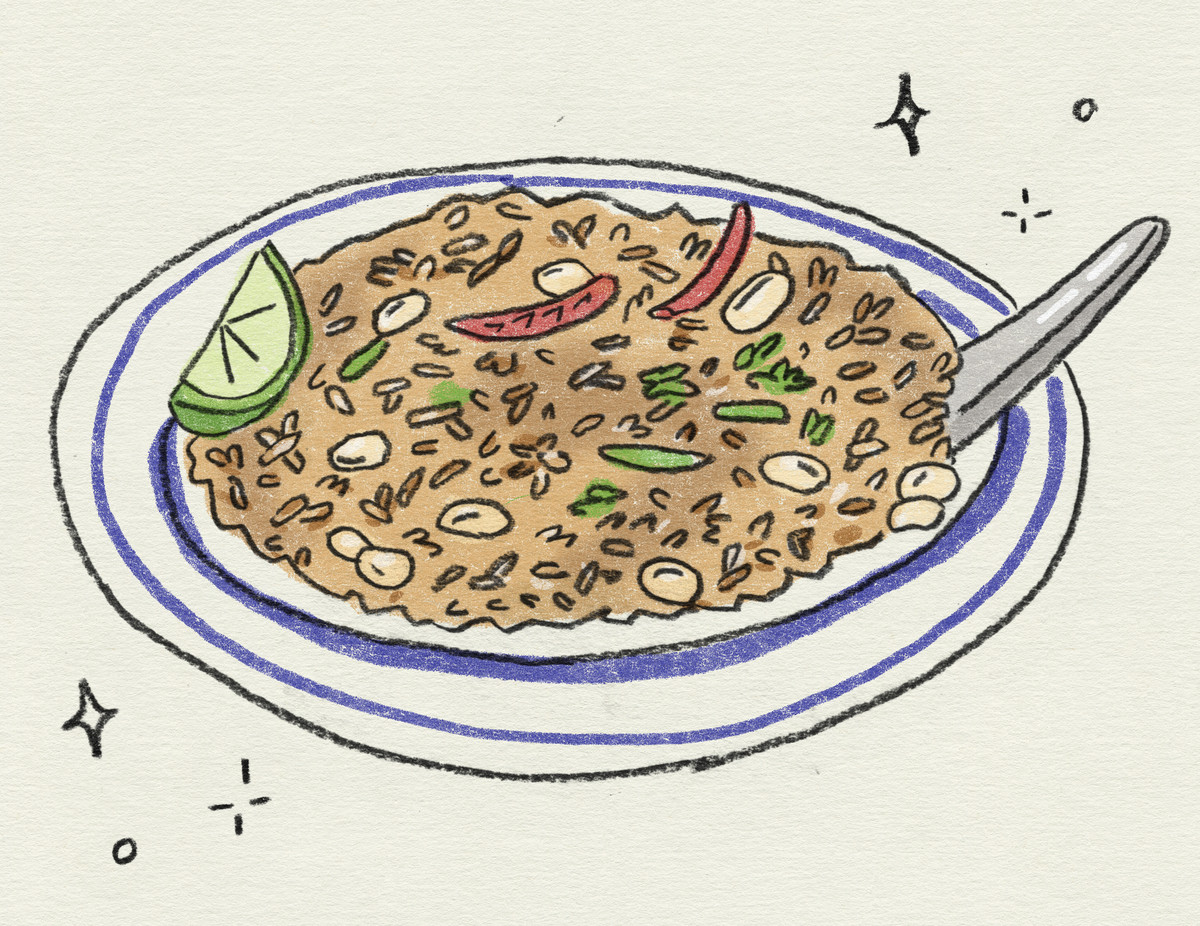 An illustration of a fiery rice ball salad on a plate.