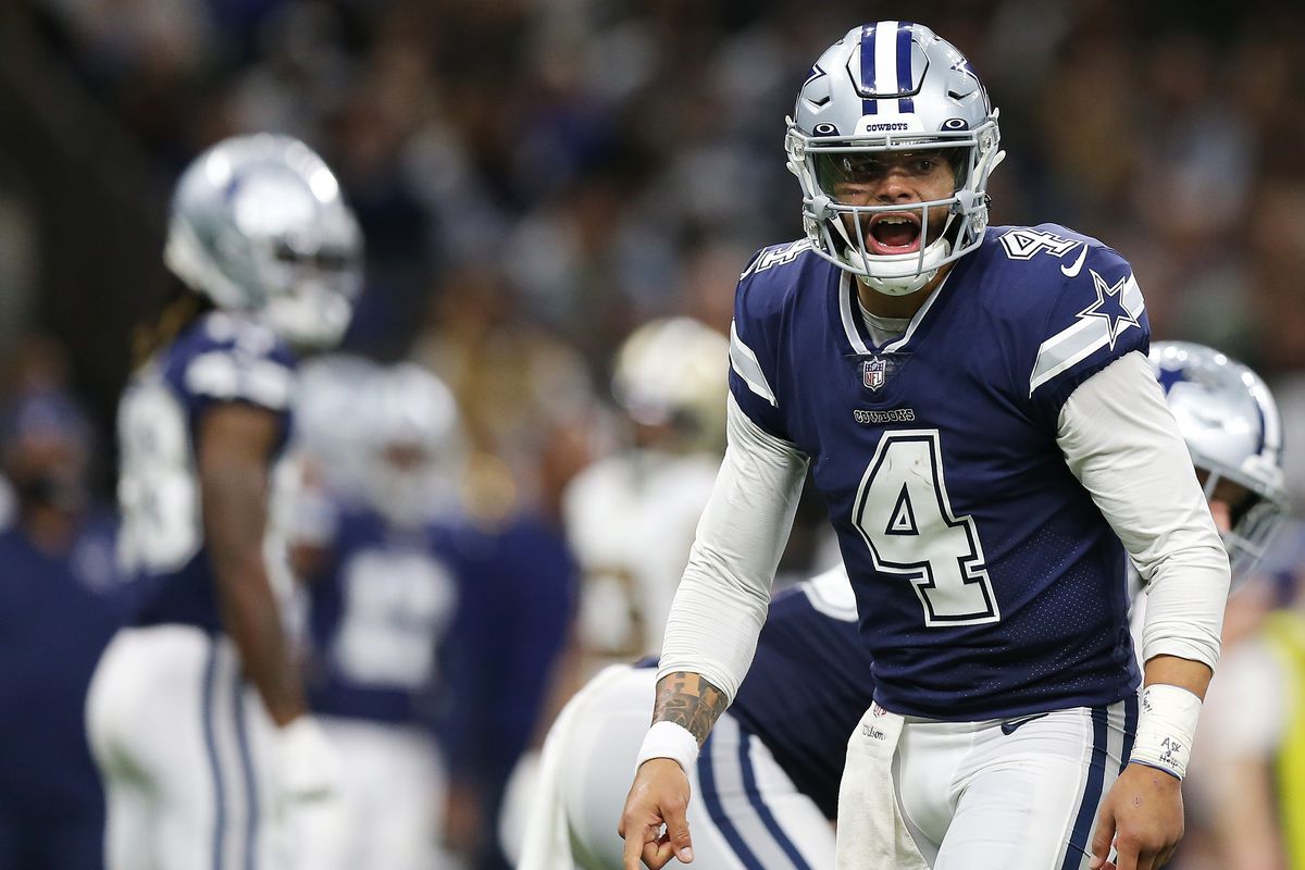Dak Prescott #4 of the Dallas Cowboys reacts before a play in the third quarter of the game against the New Orleans Saints at Caesars Superdome on December 02, 2021 in New Orleans, Louisiana.