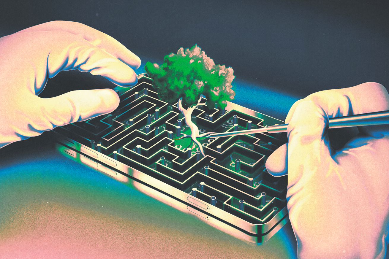 Conceptual illustration of a pair of hands repairing a smart phone. The screen of the phone has been removed to reveal a circuit board maze with a tree in the center, intended to communicate the political hurdles of the right-to-repair movement.