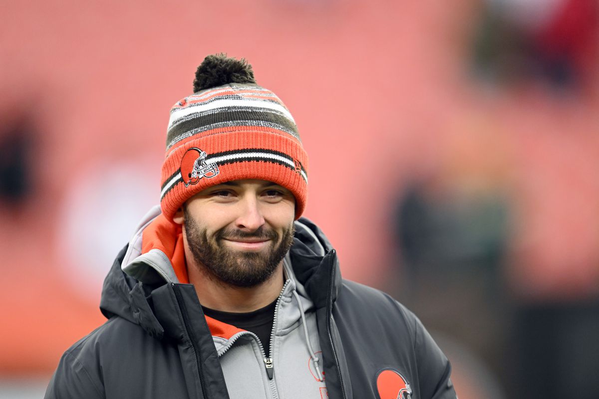 Baker Mayfield of the Cleveland Browns looks on during warm-ups before the game against the Cincinnati Bengals at FirstEnergy Stadium on January 09, 2022 in Cleveland, Ohio.
