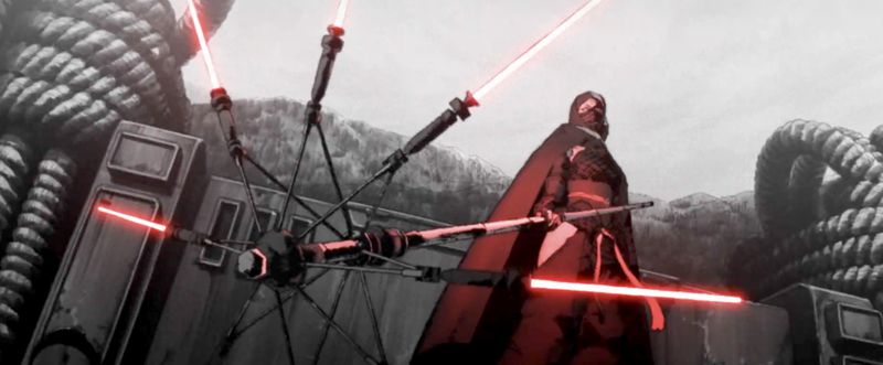 A sith lord wields a spinny lightsaber contraption in Star Wars: Visions