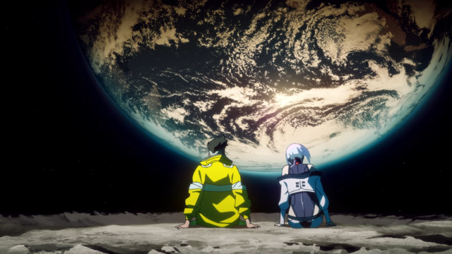 Two characters from Cyberpunk: Edgerunners sit looking at Earth