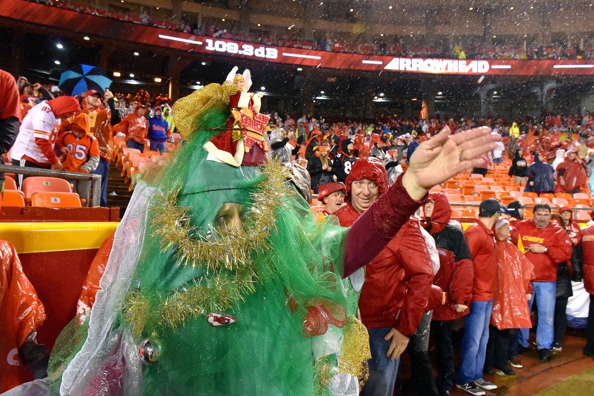 A Christmas Tree performs the Kansas City Chiefs chop before the start of Sunday’s football game against the Denver Broncos, Dec. 25, 2016 at Arrowhead Stadium in Kansas City, Mo.