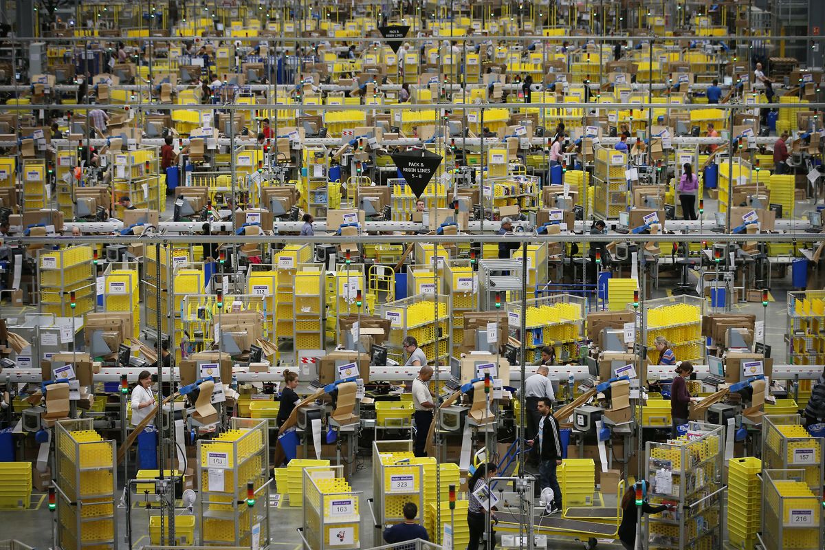 Interior of an Amazon warehouse.