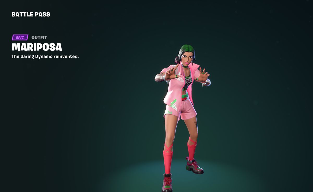 Mariposa, who wears a pink jacket and shorts and poses like a wrestler in Fortnite