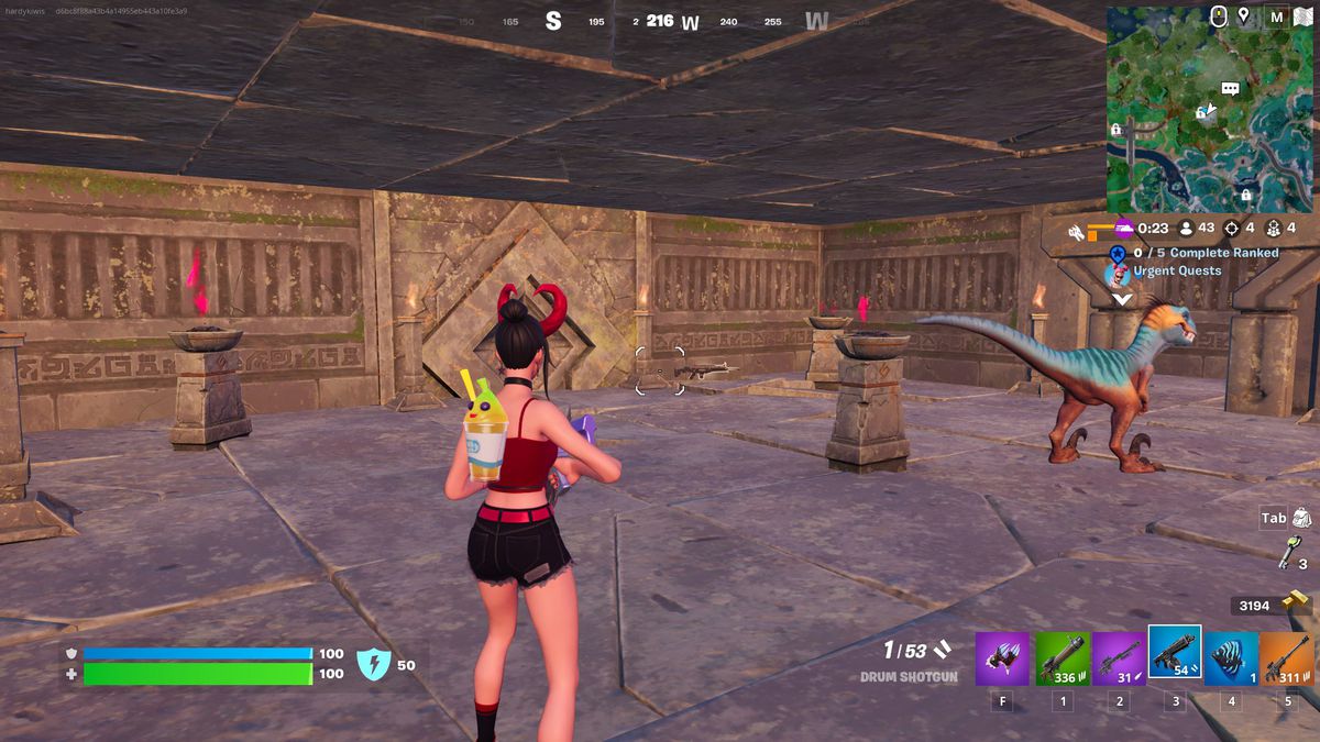 Several braziers in a temple in Fortnite that are lit with red flames