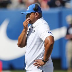 Brigham Young Cougars head coach Kalani Sitake watches action in Provo on Saturday, Aug. 26, 2017. BYU won 20-6.