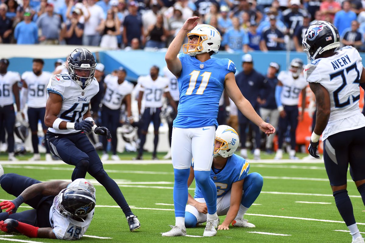&nbsp;Los Angeles Chargers place kicker Cameron Dicker (11) kicks a field goal to force overtime during the second half against the Tennessee Titans at Nissan Stadium.