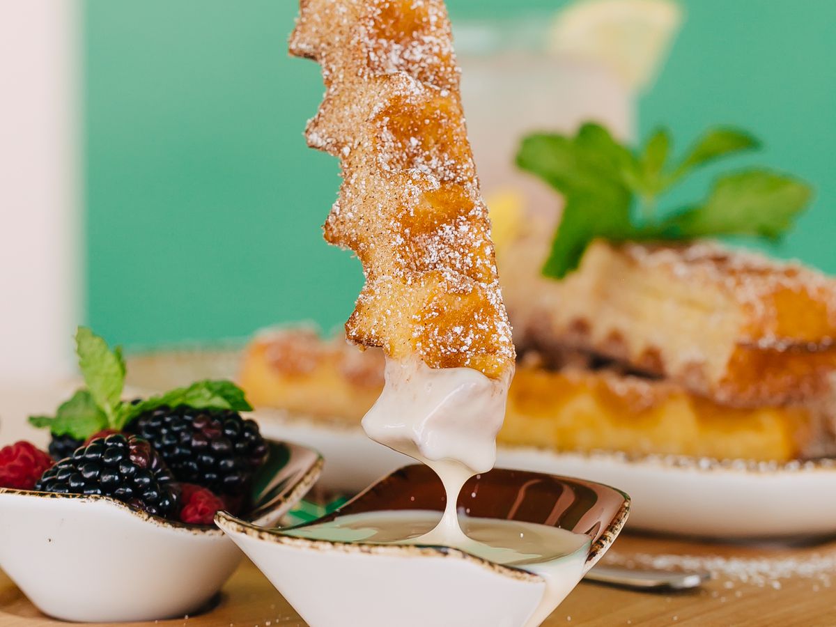Waffle churro sticks with jalapeno-blackberry sauce and maple cream cheese