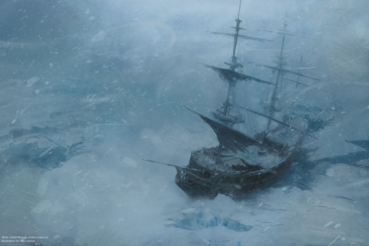 A ship trapped in the ice flows. A blizzard rages.