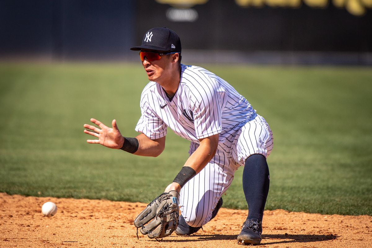 New York Yankees’ Anthony Volpe making a play on the top of the 9th inning at George E Steinbrenner Field in Tampa, Florida on March 20, 2023.
