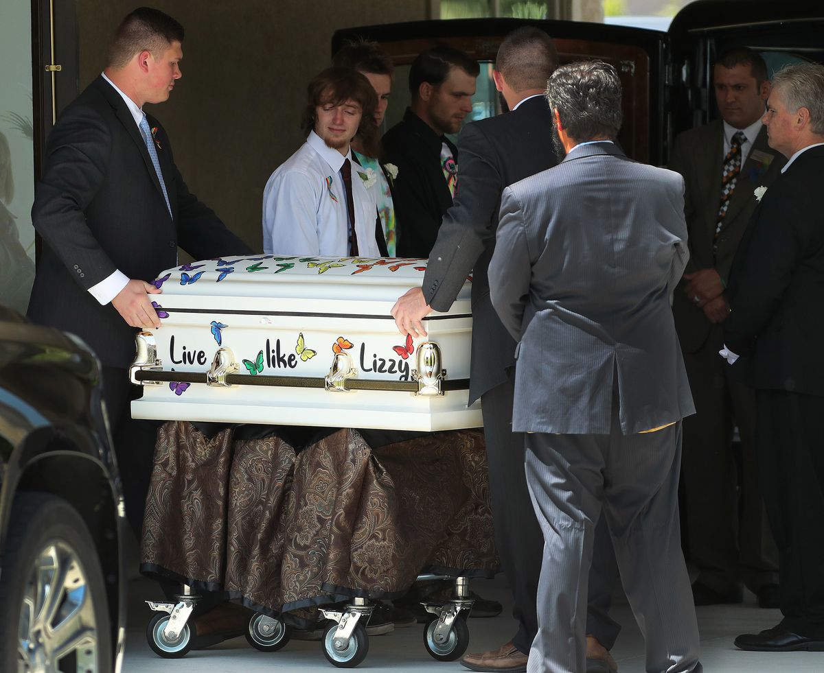 Elizabeth “Lizzy” Shelley’s casket is carried from Nyman Funeral Home in Logan after funeral services on Tuesday, June 4, 2019. Lizzy was abducted from her Logan home and found dead five days later.