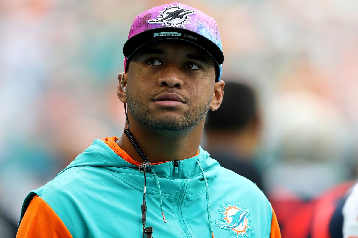 Tua Tagovailoa #1 of the Miami Dolphins looks on during the first half against the Minnesota Vikings at Hard Rock Stadium on October 16, 2022 in Miami Gardens, Florida.