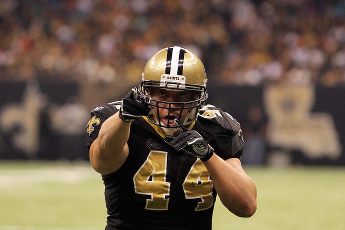 NEW ORLEANS - OCTOBER 31: Heath Evans #44 of the New Orleans Saints celebrates a first down during the game against the Pittsburgh Steelers at the Louisiana Superdome on October 31 2010 in New Orleans Louisiana. (Photo by Matthew Sharpe/Getty Images)