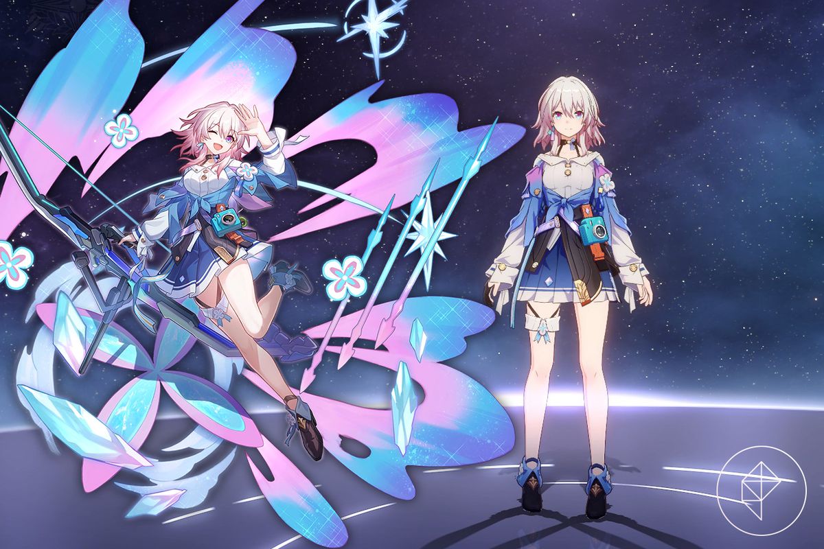 March 7th’s in-game Honkai: Star Rail model alongside her splash art. March 7th is a young girl with pink hair and a blue outfit