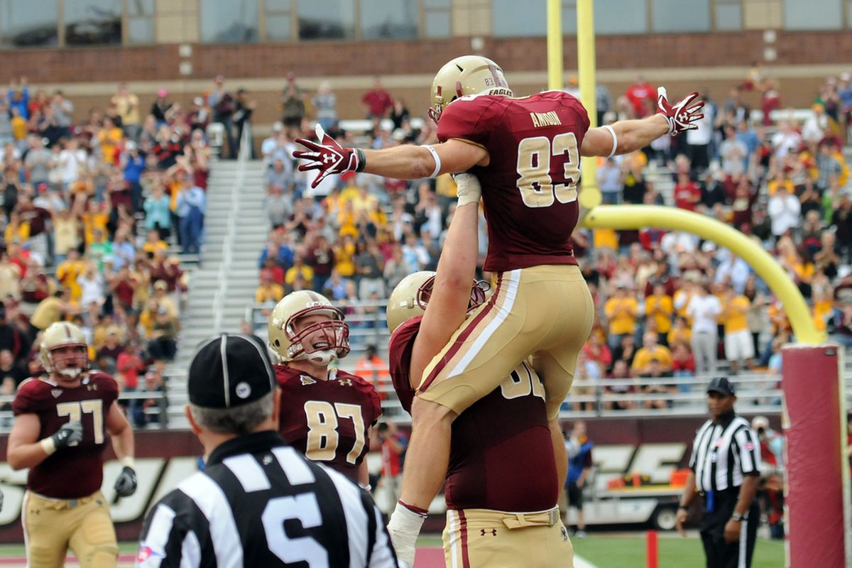 Boston College Eagles wide receiver Alex Amidon (83) reacts after scoring a touchdown during the fourth quarter against the Wake Forest Demon Deacons at Alumni Stadium. Bob DeChiara-US PRESSWIRE