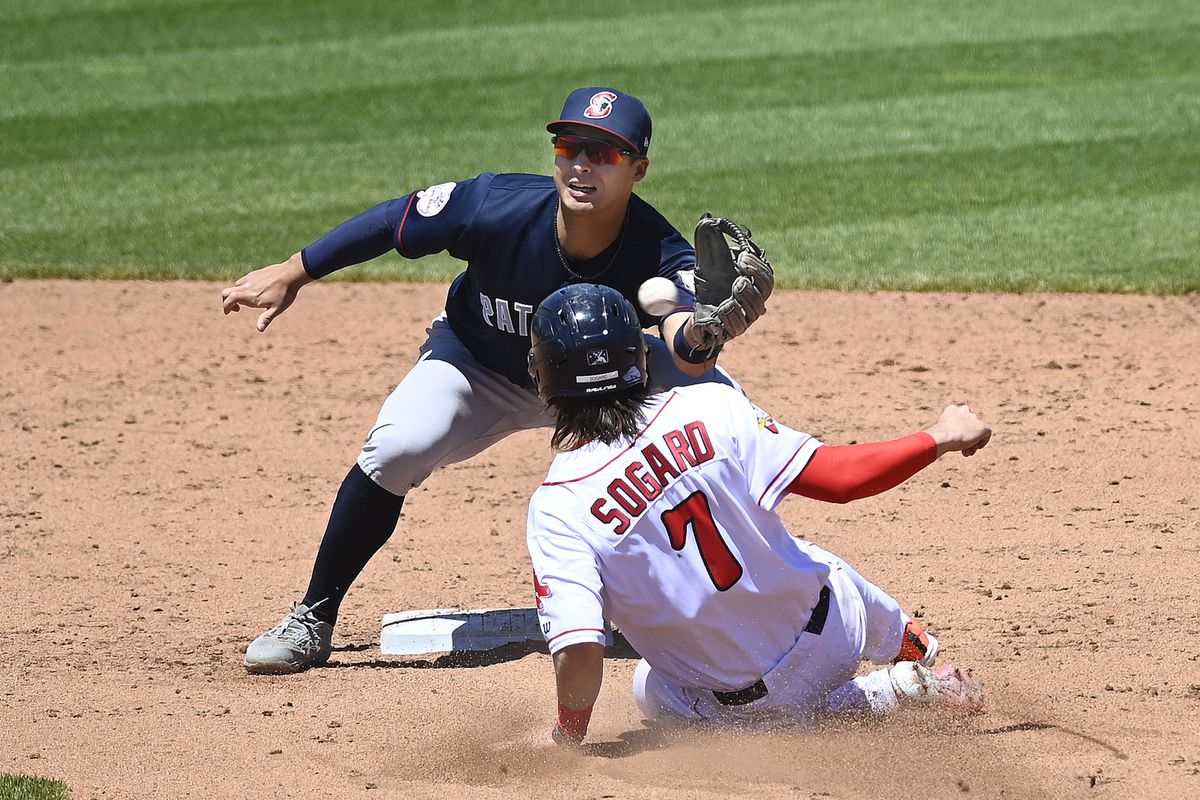Portlands Nick Sogard slides into second base as Somersets Anthony Volpe reaches for the throw Tuesday, May 24, 2022. Sogard was out on the attempted steal.