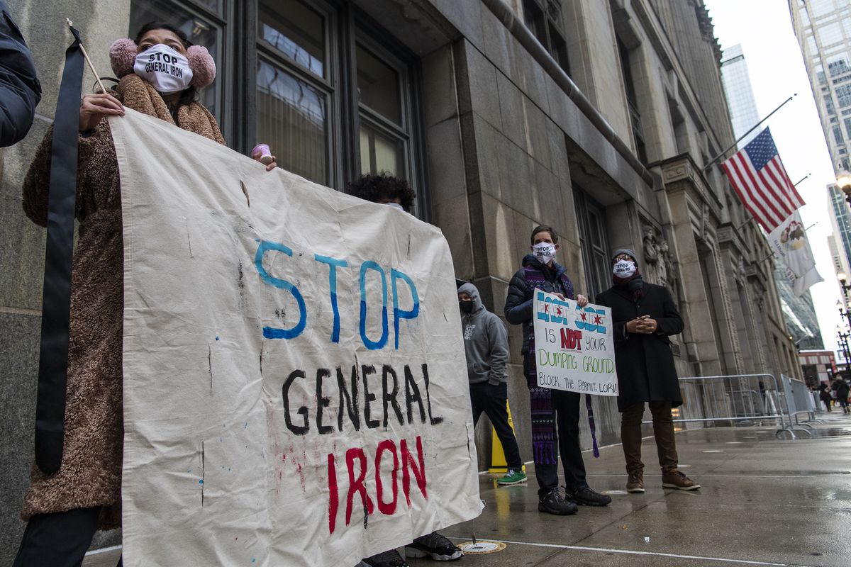 Protesters rallied outside City Hall last month, protesting the relocation of a General Iron metal shredding operation to the Southeast Side.