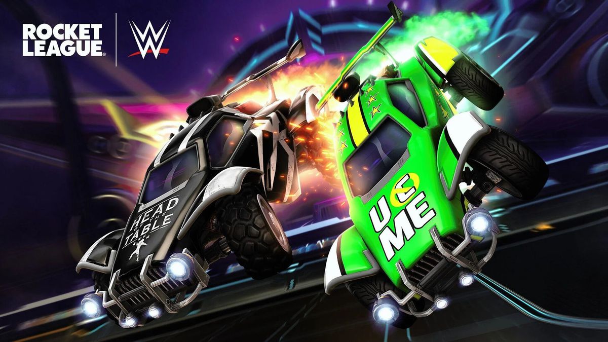 two little cars, one with a black Roman Reigns themed design, and the other with a bright green john cena themed 