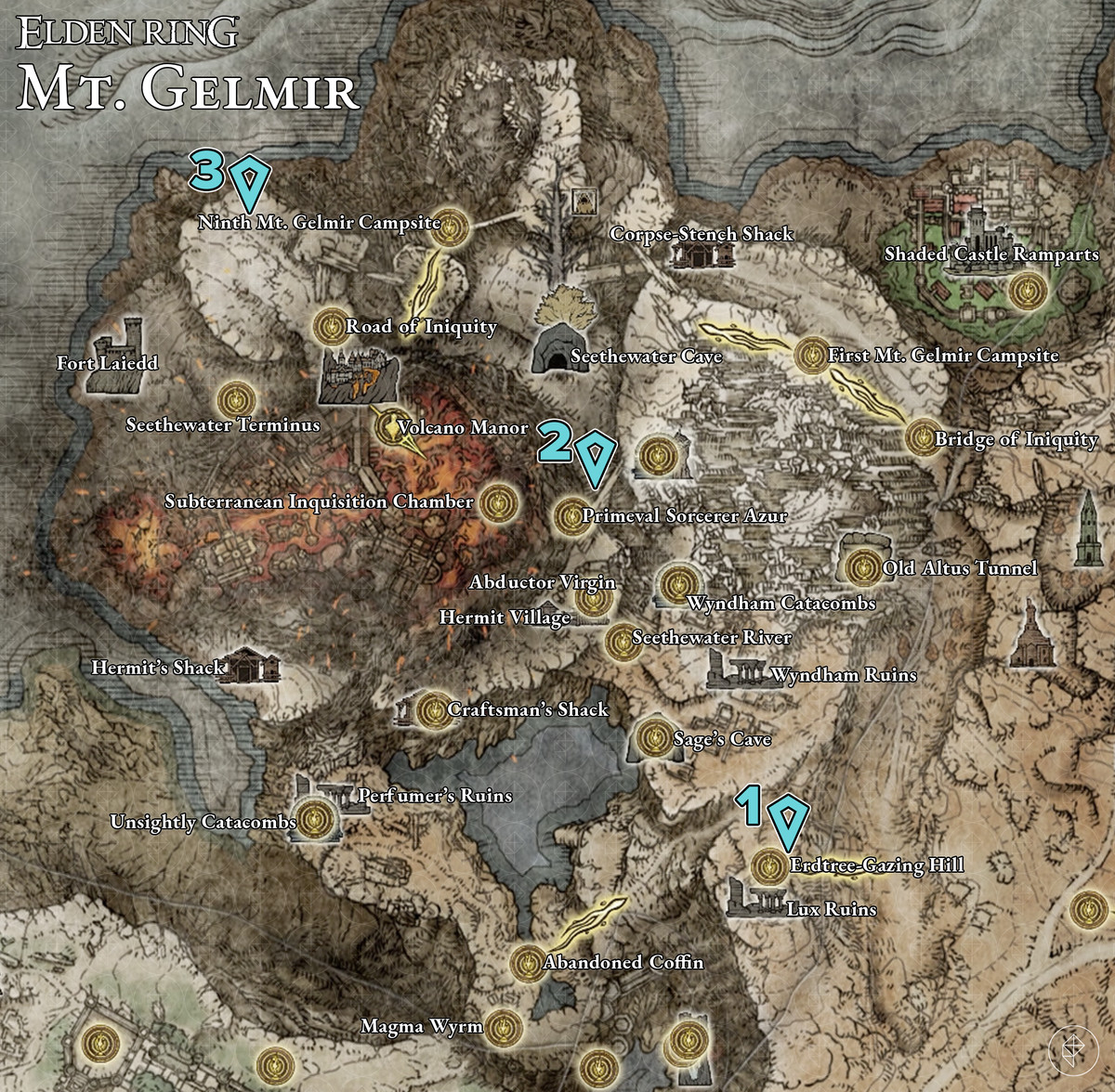 Map showing Elden Ring Mt. Gelmir Golden Seed locations