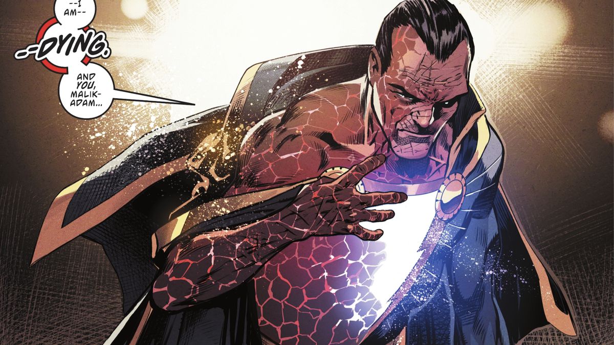 Black Adam, a necrotic infection covering his skin, leans on a walking stick as he addresses Malik. “I am dying. And you, Malki-Adam, are my descendant. Thus the power of Black Adam I bequeath to you.” in Black Adam #1 (2022).