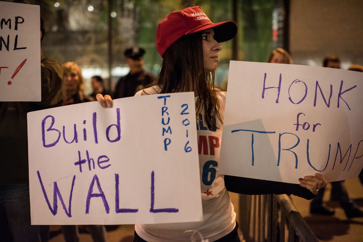 A Trump supporter carries a sign saying "Build the wall"