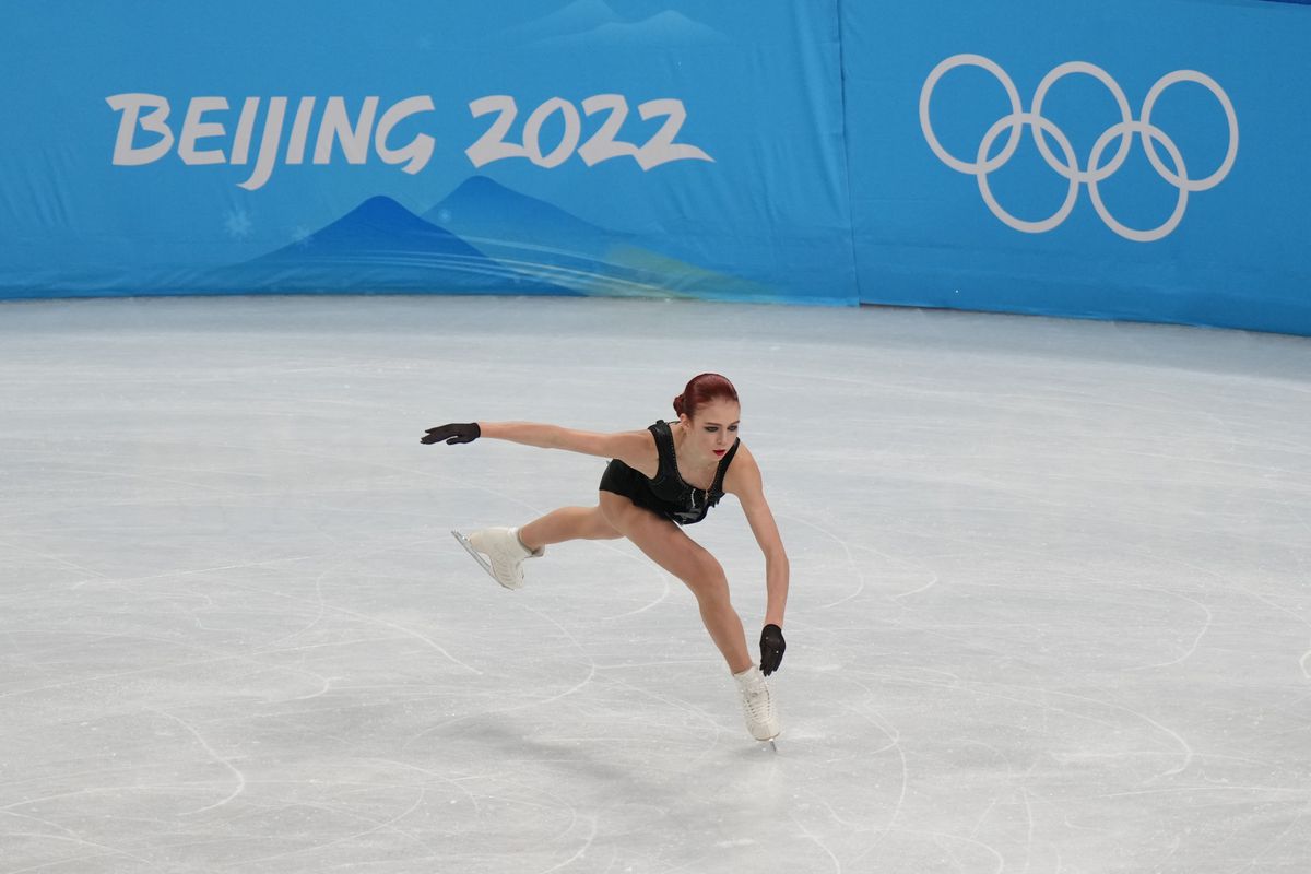 Alexandra Trusova skating on the Olympic ice.