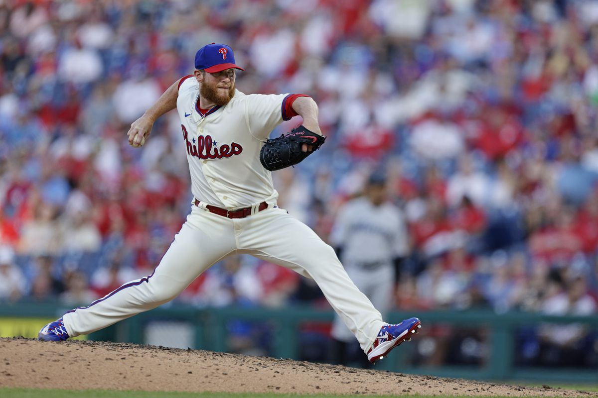 Craig Kimbrel of the Philadelphia Phillies in action against the Miami Marlins during a game at Citizens Bank Park on April 12, 2023 in Philadelphia, Pennsylvania. The Marlins defeated the Phillies 3-2.