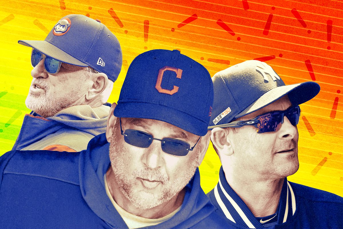 A photo collage of Chicago Cubs manager Joe Maddon, Cleveland Indians manager Terry Francona, and New York Yankees manager Aaron Boone