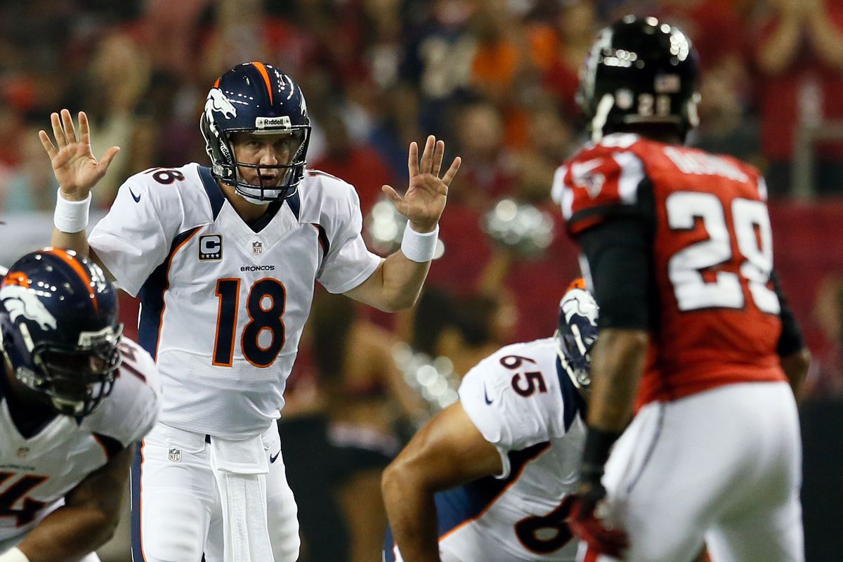 ATLANTA, GA - SEPTEMBER 17:  Quarterback Peyton Manning #18 of the Denver Broncos reacts against the Atlanta Falcons during a game at the Georgia Dome on September 17, 2012 in Atlanta, Georgia.  (Photo by Kevin C. Cox/Getty Images)
