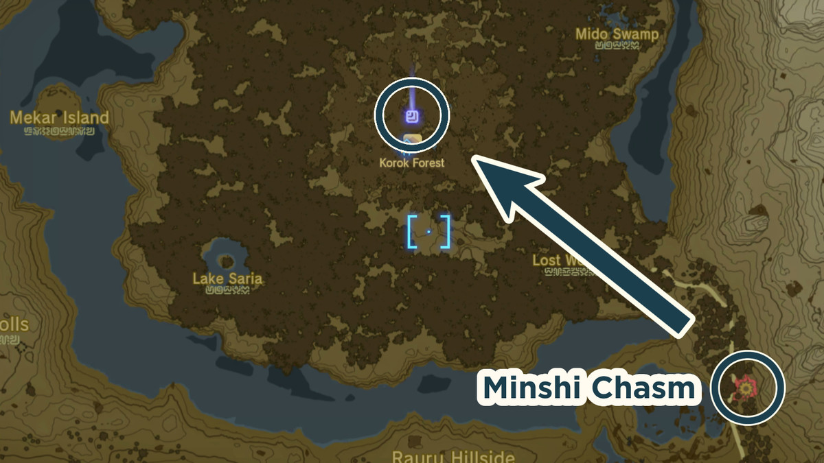 Route to get to the Korok Forest through Minshi Chasm on the map of The Legend of Zelda: Tears of the Kingdom