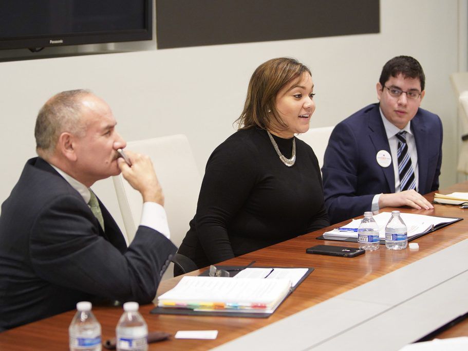 From left, 30th Ward aldermanic candidate and incumbent Ariel E. Reboyras and challengers Jessica W. Gutierrez and Edgar “Edek’ Esparza met with the Sun-Times Editorial Board Friday, January 4, 2019. | Rich Hein/Sun-Times