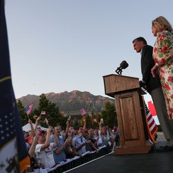 Mitt Romney and his wife, Ann, speak to the crowd at a primary election night victory party in Orem on Tuesday, June 26, 2018. Romney beat state Rep. Mike Kennedy, R-Alpine, for the GOP nomination for U.S. Senate