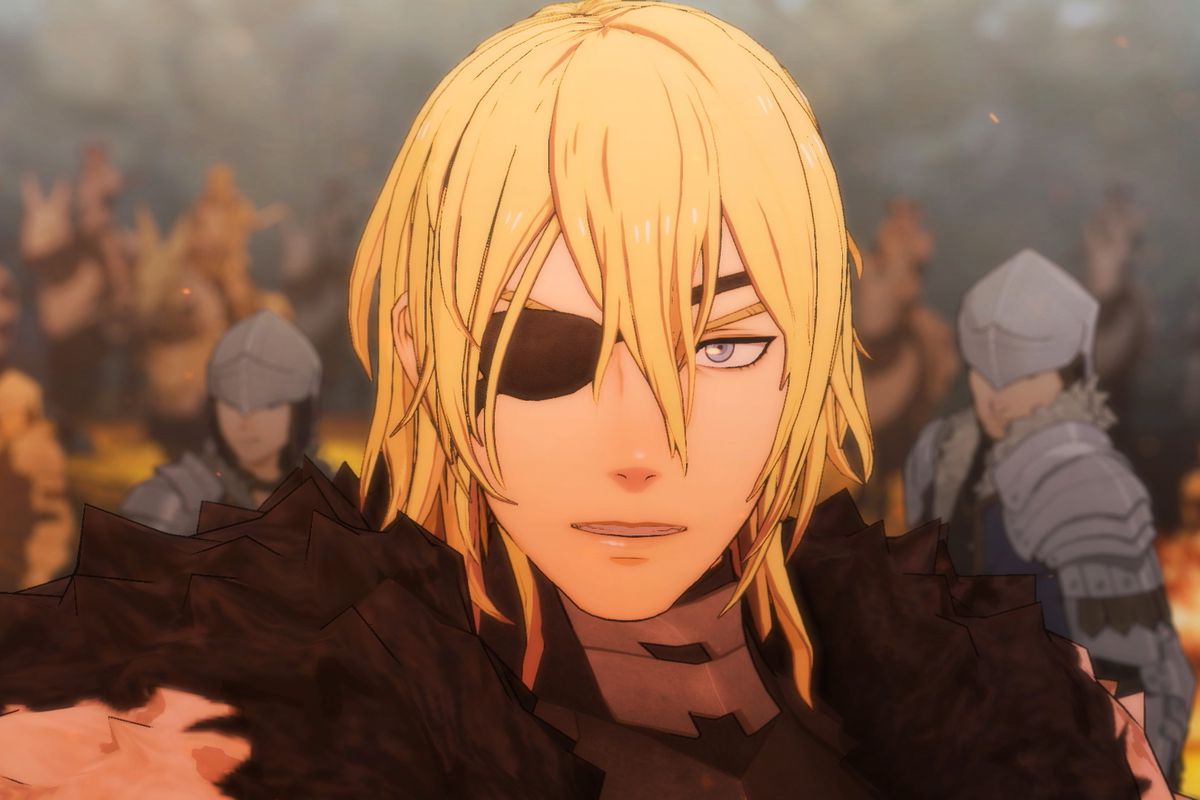 a man with an eye patch on a battlefield in Fire Emblem: Three Houses