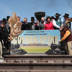 The signage for Golden Spike National Historic Park is unveiled during the 150th anniversary celebration of the completion of the transcontinental railroad at the Golden Spike National Historical Park at Promontory Summit on Friday, May 10, 2019.