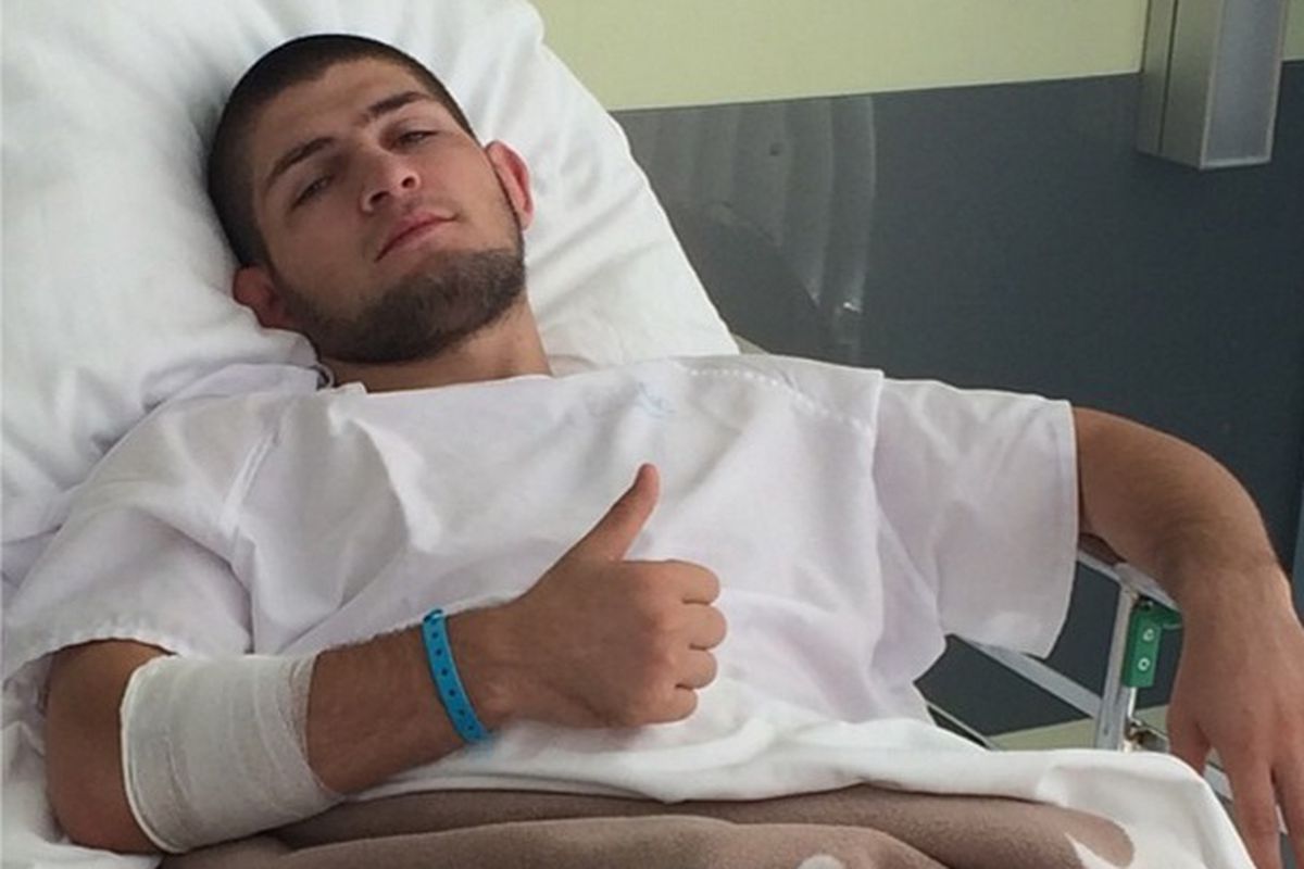 Khabib Nurmagomedov gives thumbs up after succesful surgery. 