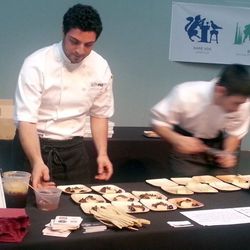 Michael Lombardi (and his sous chef, The Flash) from The Salty Pig preparing his yogurt panna cotta with puffed barley, chocolate truffle & cherries. This co-judge's choice was paired with Ommegang's Three Philosophers - a Belgian-style quad beer brewed w
