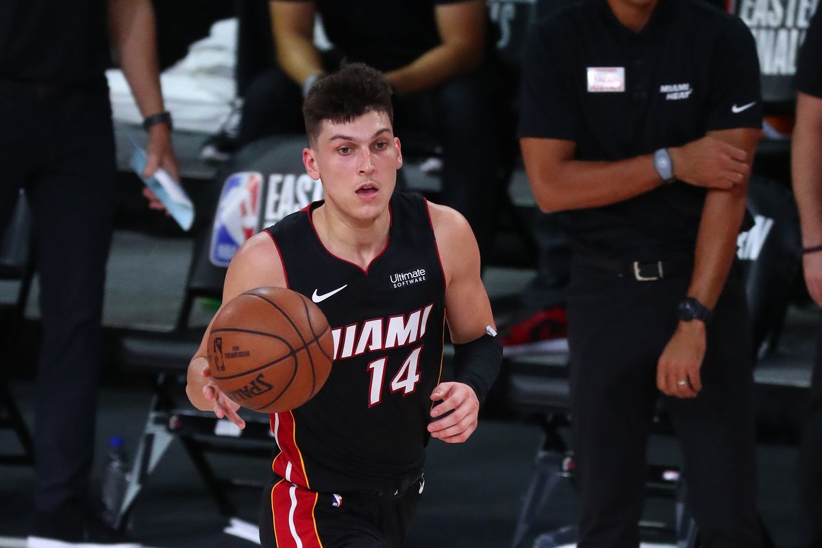Miami Heat guard Tyler Herro brings the ball up court against the Boston Celtics during the first half of game four of the Eastern Conference Finals of the 2020 NBA Playoffs at AdventHealth Arena.