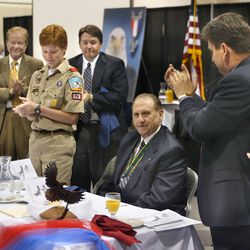 President Thomas S. Monson at the 14th Annual Great Salt Lake Council Boy Scouts of America Breakfast for Champions at the South Towne Exposition Center on April 13, 2002.