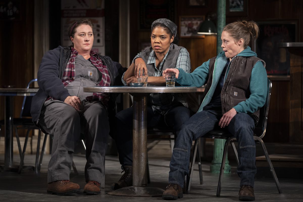 Kirsten Fitzgerald (as Tracey, from left), Tyla Abercrumbie (as Cynthia) and Chaon Cross (as Jessie) in a scene from “Sweat” at the Goodman Theatre. | Liz Lauren Photo