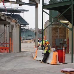 The area around the old Cubs bullpen is visible in this photo. Note that part of the third base line wall has been removed