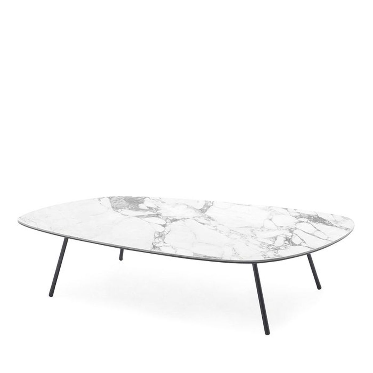 A rounded marble table with four black-colored legs. 