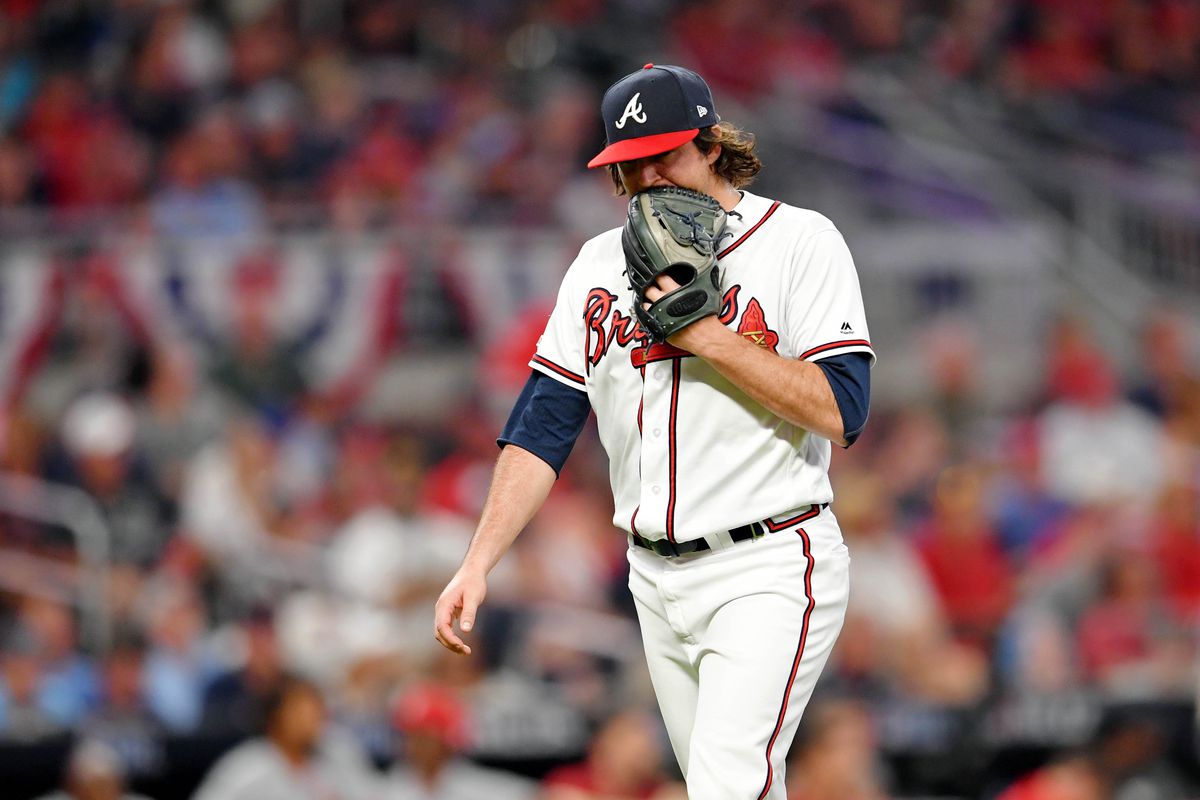 Atlanta Braves relief pitcher Luke Jackson reacts after being taken out of the game against the St. Louis Cardinals during the eighth inning in game one of the 2019 NLDS playoff baseball series at SunTrust Park.