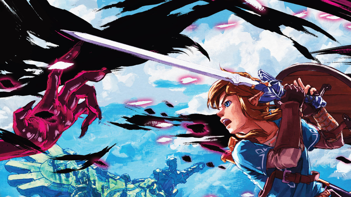 Link, holding the master sword, battles an unseen enemy with a demonic red hand high above Hyrule. A Divine Beast can be seen in the background.