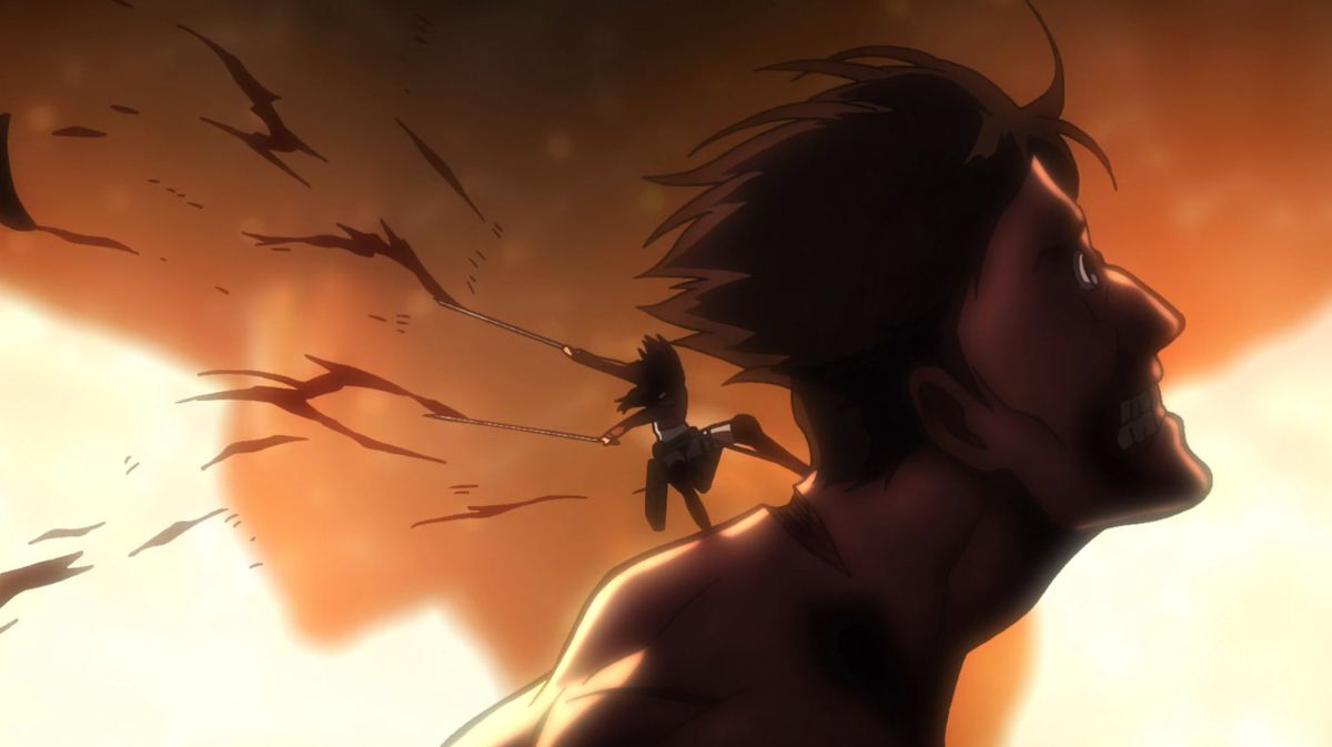Mikasa Ackerman, a supporting main character in Attack on Titan, slashing through the neck of an unsuspecting Titan with a giant titan carrying a boulder visible in the distance.