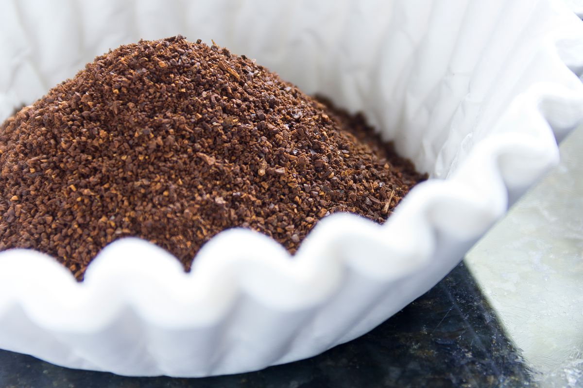 Coffee grounds in a white filter.